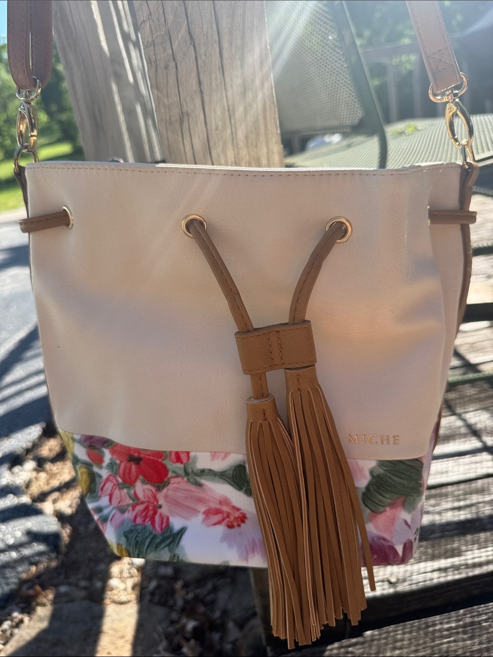 MICHE bucket-style handbag cream W/ Floral Tassel Bottom & tassels Crossbody Bag